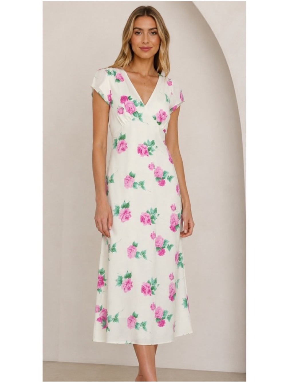 Wayf White Floral V-Neck Midi Dress with Pink Roses